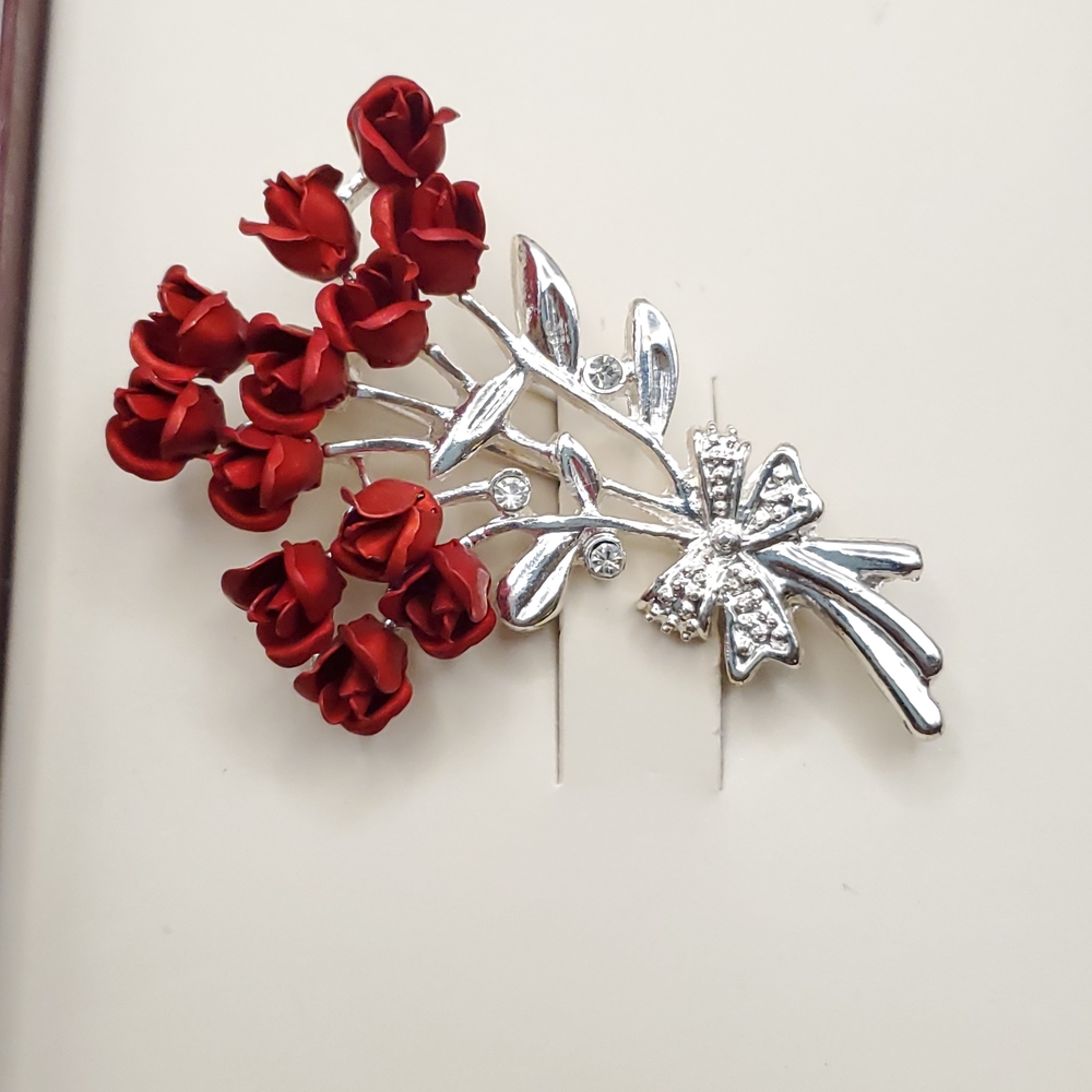 Dozen Roses Silver and Red Enamel Floral Brooch Pin NWT